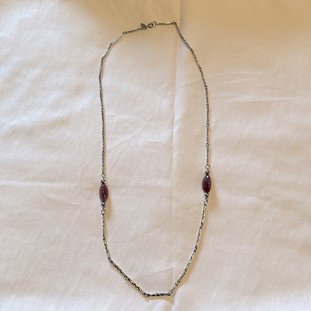 Vintage Sarah Coventry silver tone with purple bead necklace, 28 inch